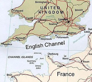 Kaart van die Engelse Kanaal waarop die klein eilandjie Alderney aangedui is.